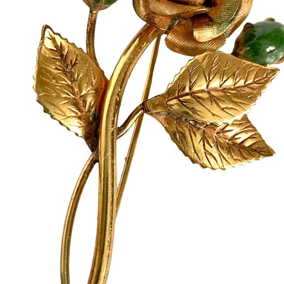 1940s Winard 12K GF Rose Flower Green Glass Stones Brooch Gold Tone 2.5in - Picture 5 of 13
